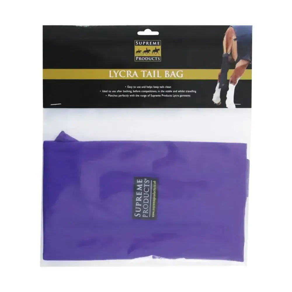 Purple lycra tail bag in clear packaging branded with supreme products logo for horse tack use