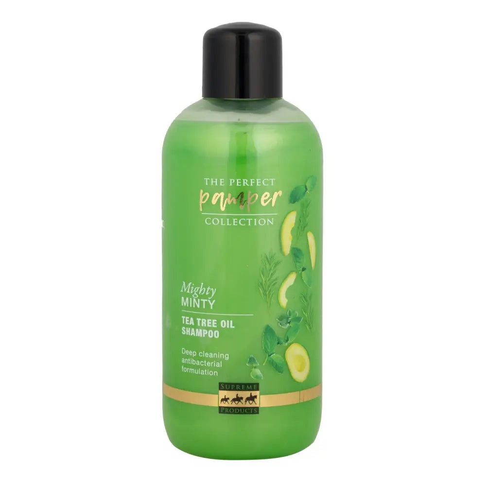 Green plastic bottle of supreme products mighty minty tea tree oil shampoo with black cap and botanical label illustrations