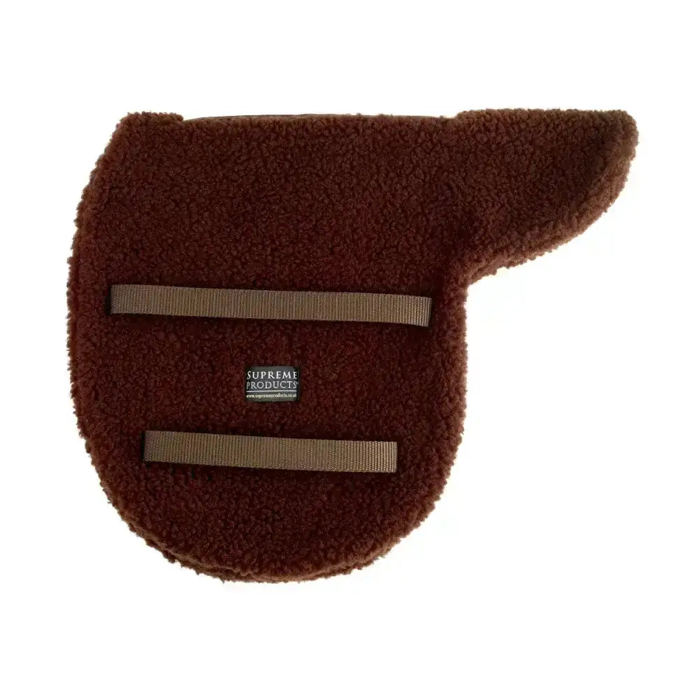 Brown plush supreme products numnah saddle pad with two tan straps featuring straight cut double fleece design