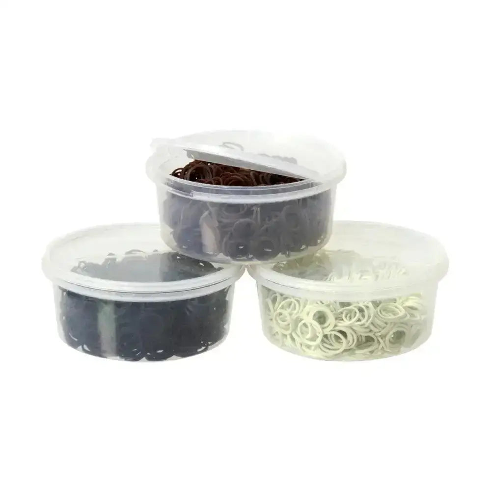 Three clear containers with assorted black brown and off-white rubber bands in a supreme products plaiting bands pack
