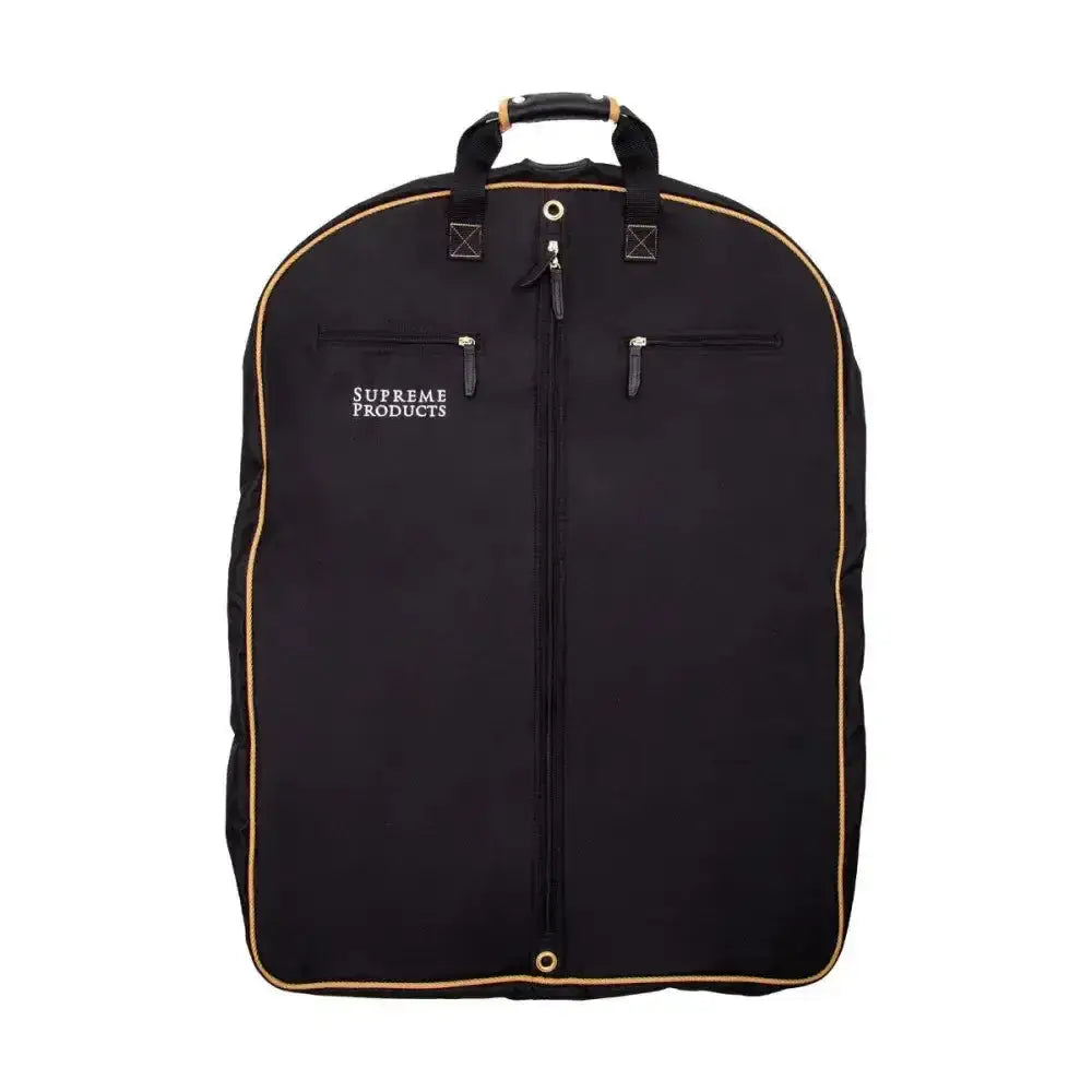 Black supreme products pro groom children’s garment bag with gold trim and top handle for easy carrying