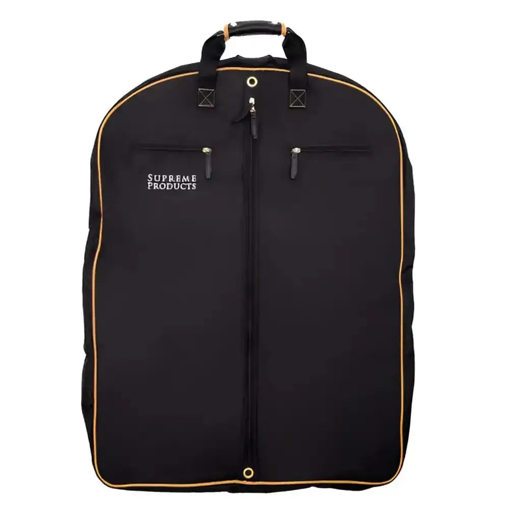 Black Supreme Products Pro groom garment bag with gold trim and top handle for competition ready condition