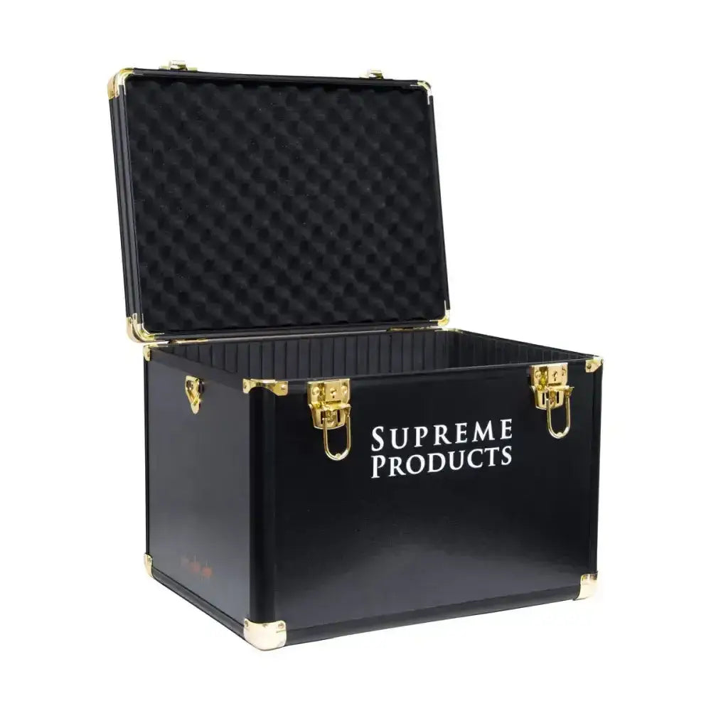Black supreme products pro groom hardshell box with gold-tone latches corner protectors and foam-lined interior