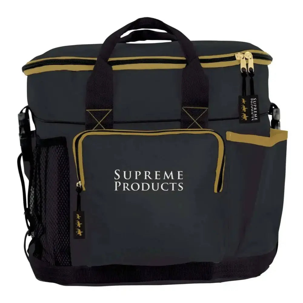 Black supreme products pro groom ring bag cooler with gold zipper accents and mesh side pocket for easy storage
