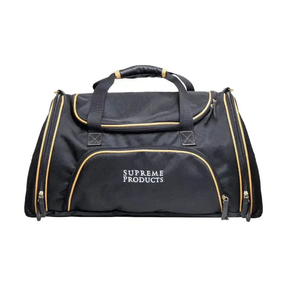 Black supreme products pro kit duffle bag with gold zipper accents and top handle for grooming essentials