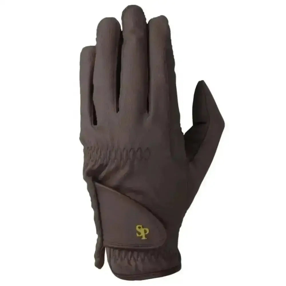Dark brown leather ring riding gloves with gold sp logo on wrist strap from supreme products pro slimline performance gloves