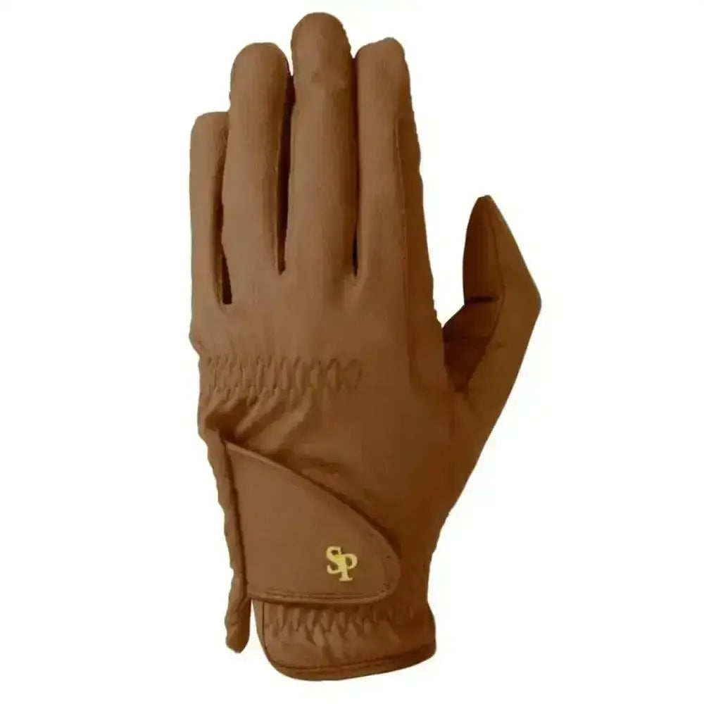 Brown leather back side ring riding gloves with gold sp logo wrist strap from supreme products pro slimline performance gloves
