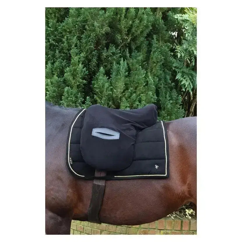 Black quilted fleece saddle cover with white piping and gray reflective panel from supreme products ride on fleece saddle cover