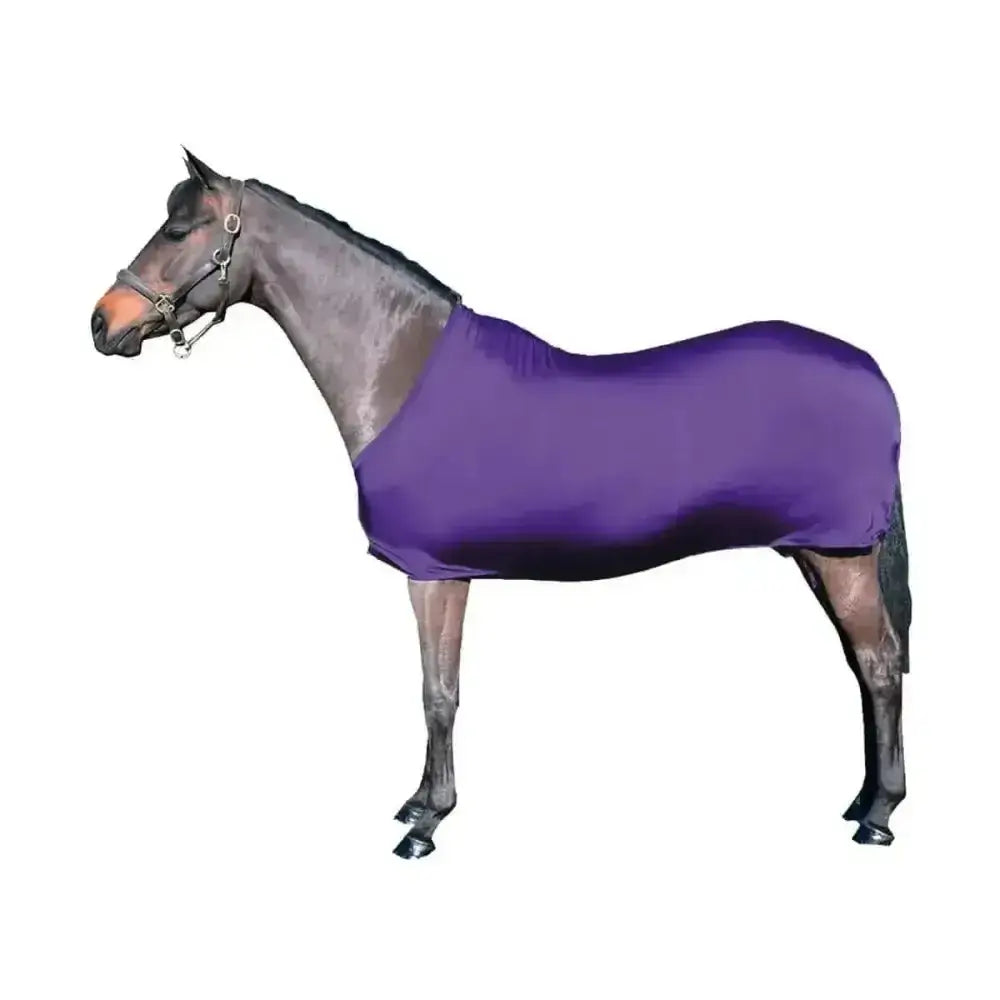Purple supreme products rug wrap horse blanket made of smooth stretchy fabric fitting snugly over horse body