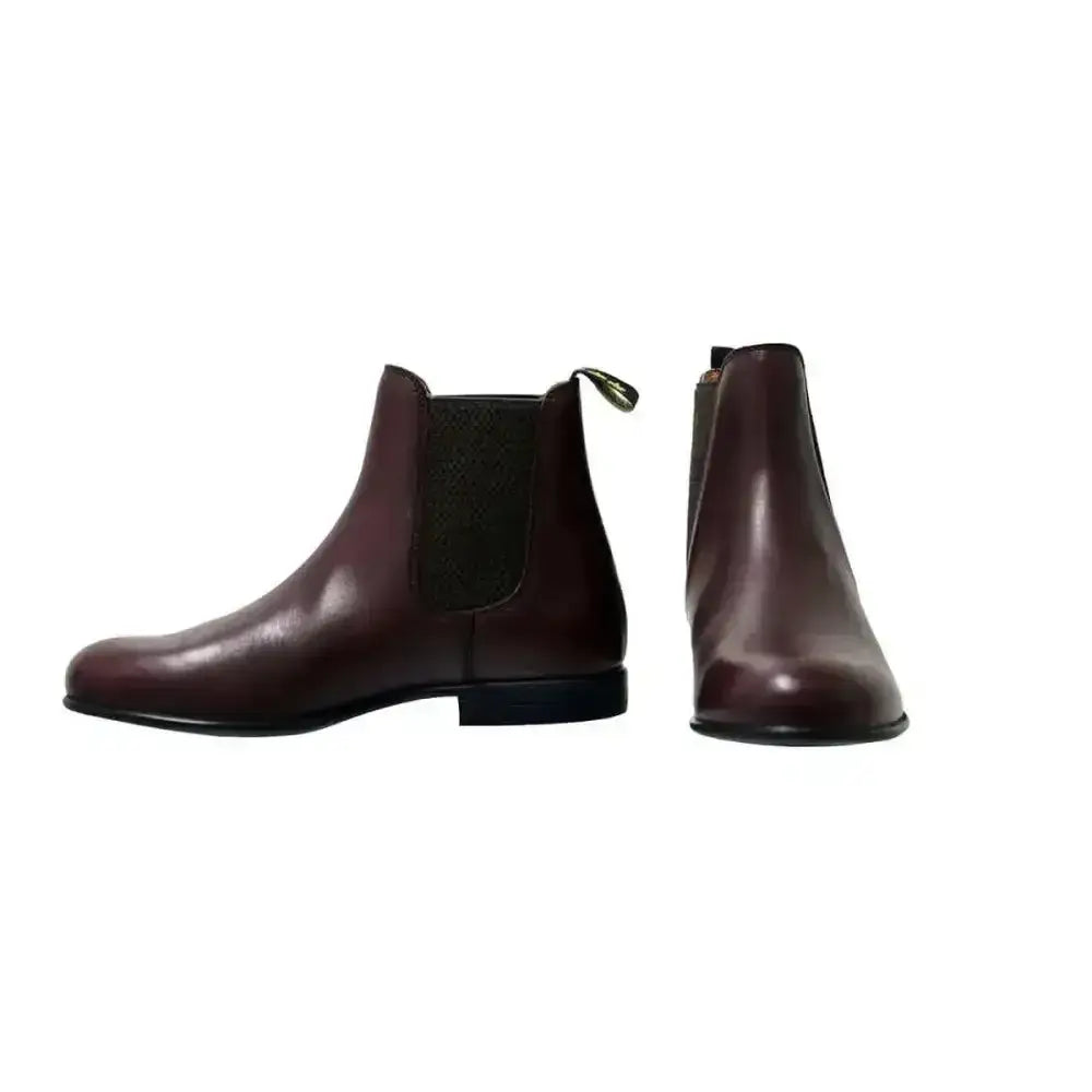 Dark burgundy leather ring jodhpur boots with elastic side panels and low block heel perfect for short riding