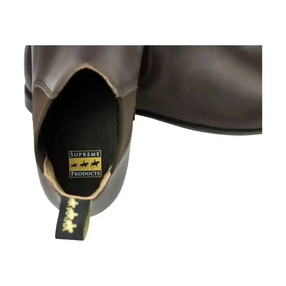 Black leather supreme products show ring jodhpur boots with gold logo tag inside heel for short riding use