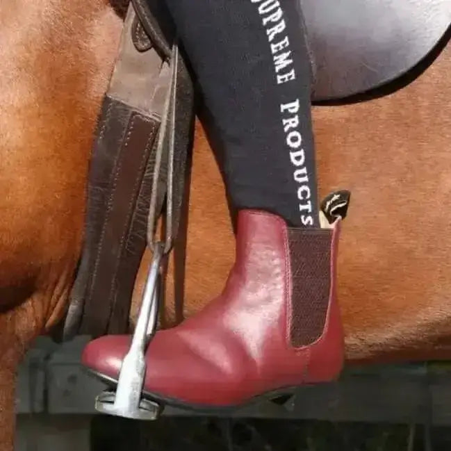 Red leather ring jodhpur boots with elastic side panels perfect for short riding in oxblood showing boot style