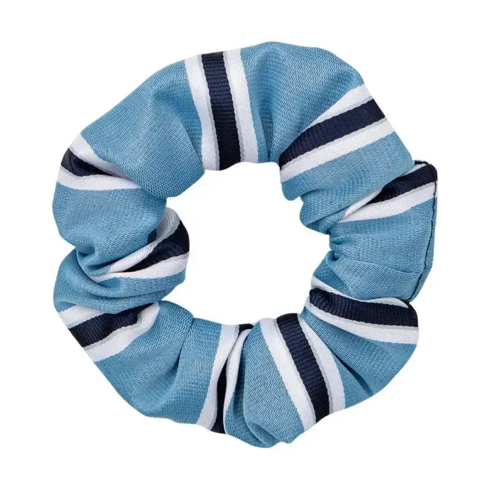 Supreme Products show scrunchie in light blue navy and white striped ribbed fabric perfect as a final touch for ring attire