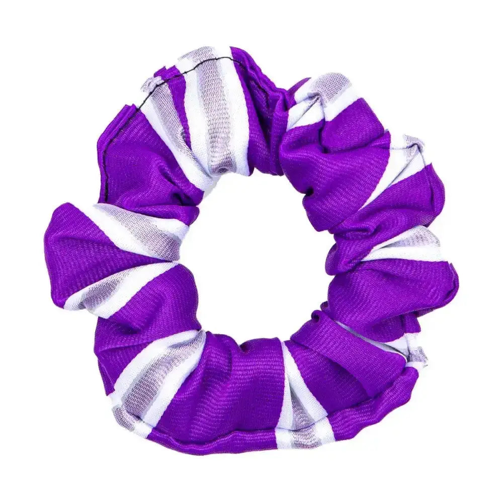 Purple and white striped fabric hair scrunchie with silver accents from supreme products perfect as a final touch for ring attire