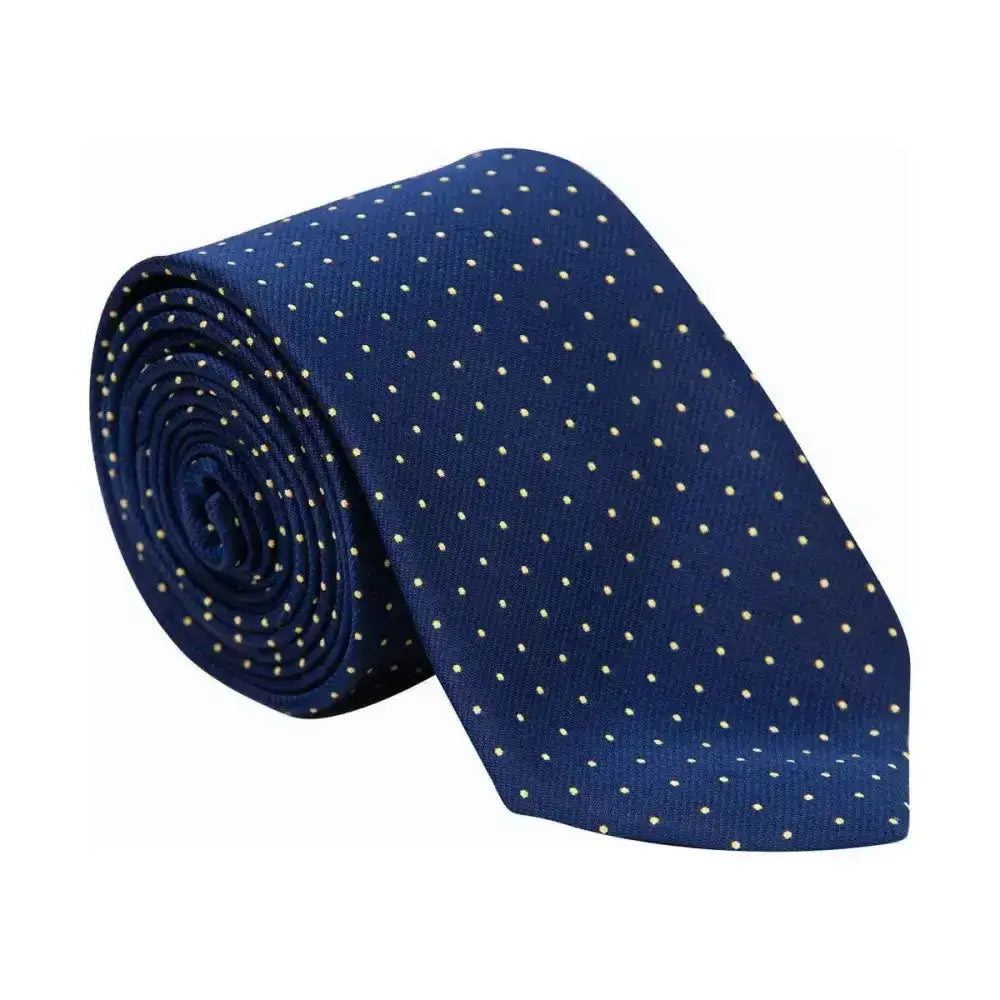 A navy blue silk supreme products show tie with white polka dots perfect as a finishing touch for ring attire