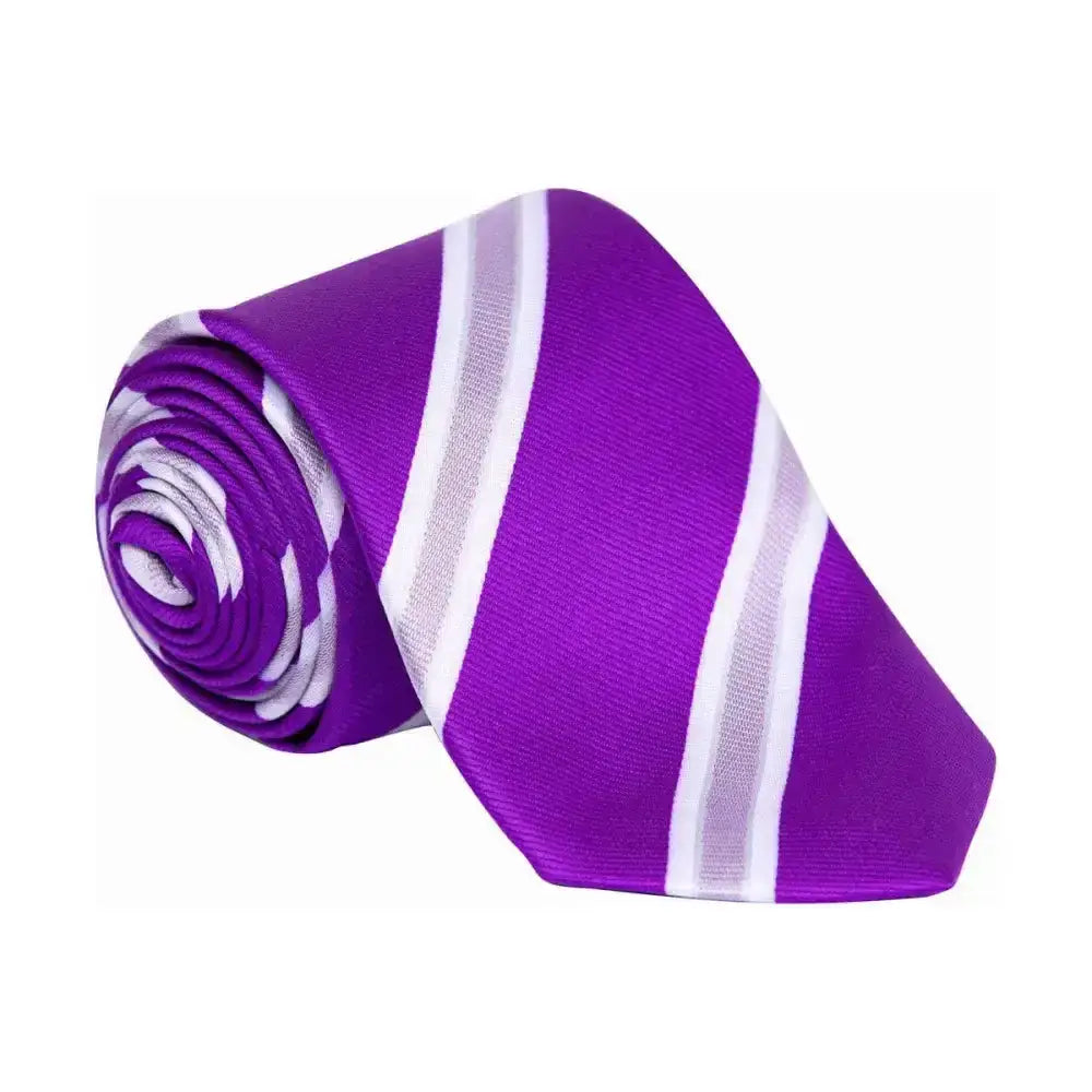 A vibrant purple supreme products show tie with bold white and silver stripes in smooth satin for ring attire finishing touch