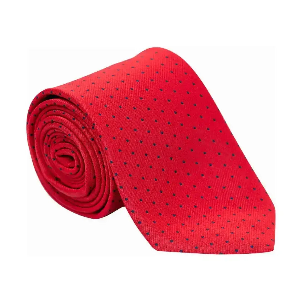 A vibrant red silk supreme products show tie with subtle black dots perfect as a finishing touch for ring attire