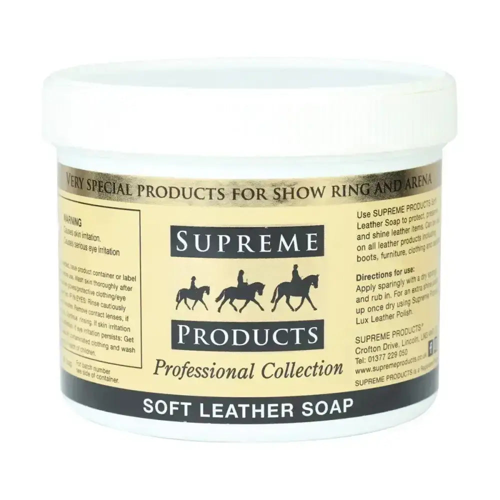 White plastic tub of supreme products soft leather soap with beige label and black horse silhouettes for luxurious leather care