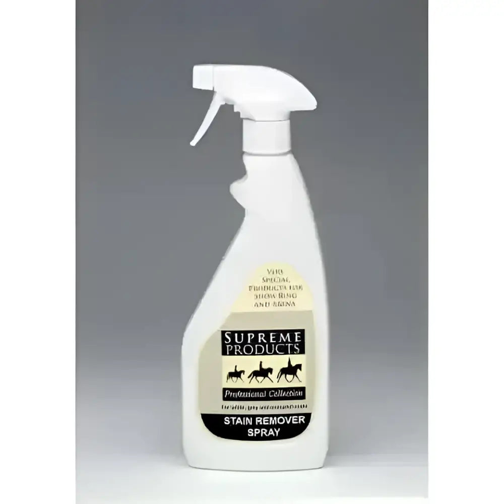 White plastic spray bottle with white trigger nozzle supreme products stain remover spray with black text labels