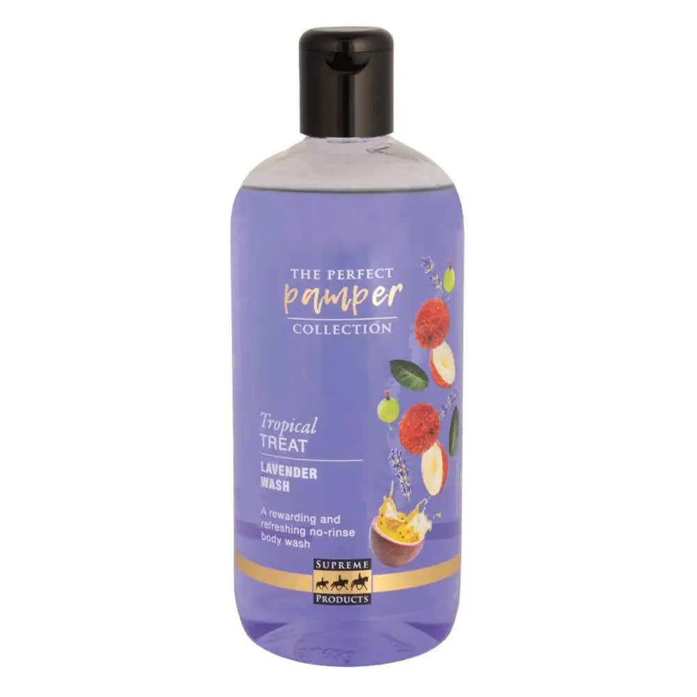 Purple bottle of supreme products tropical treat lavender wash body wash with natural lavender oil and caribbean berry fruits