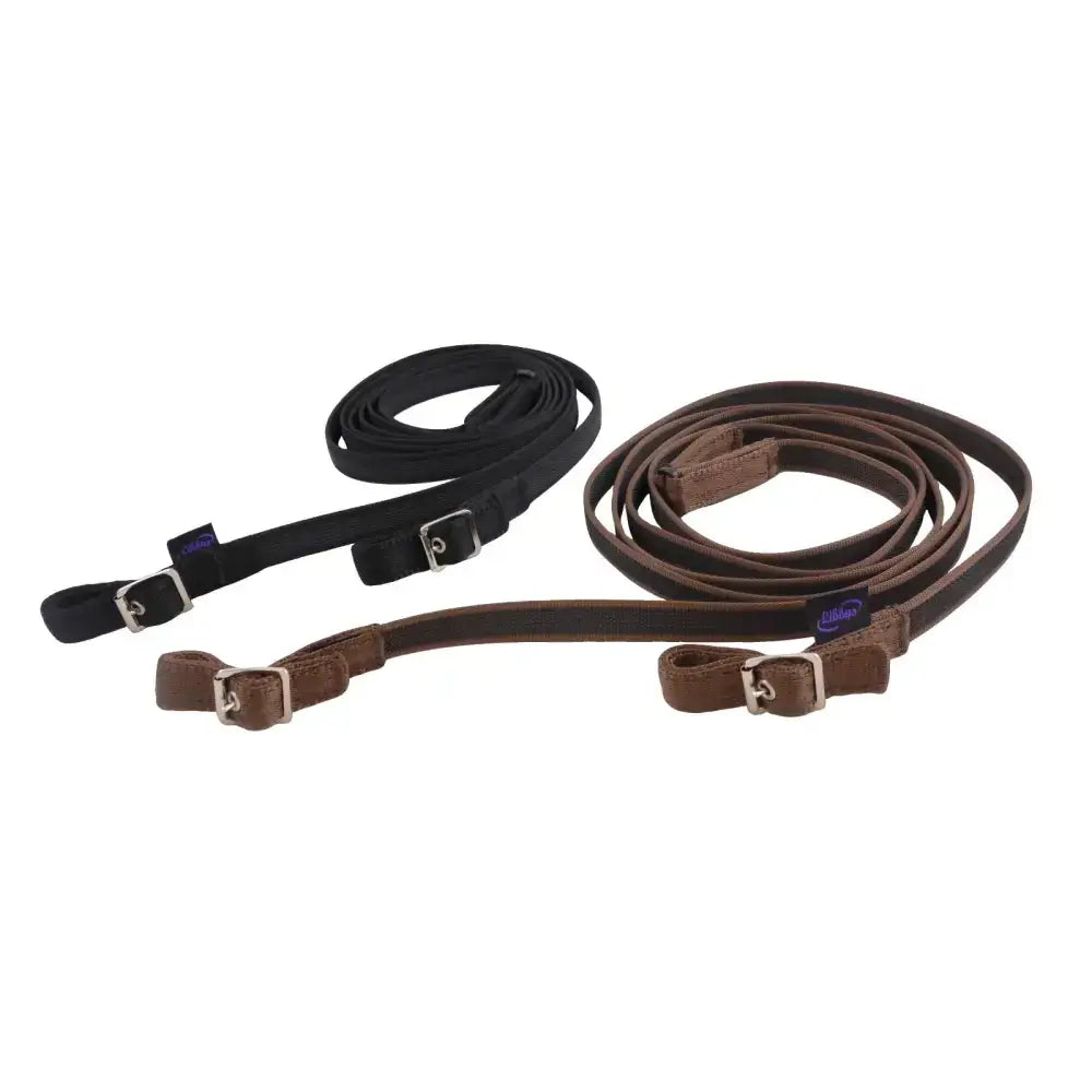 Brown leather sure grip webbing reins with silver buckle trigger and adjustable straps for secure riding control