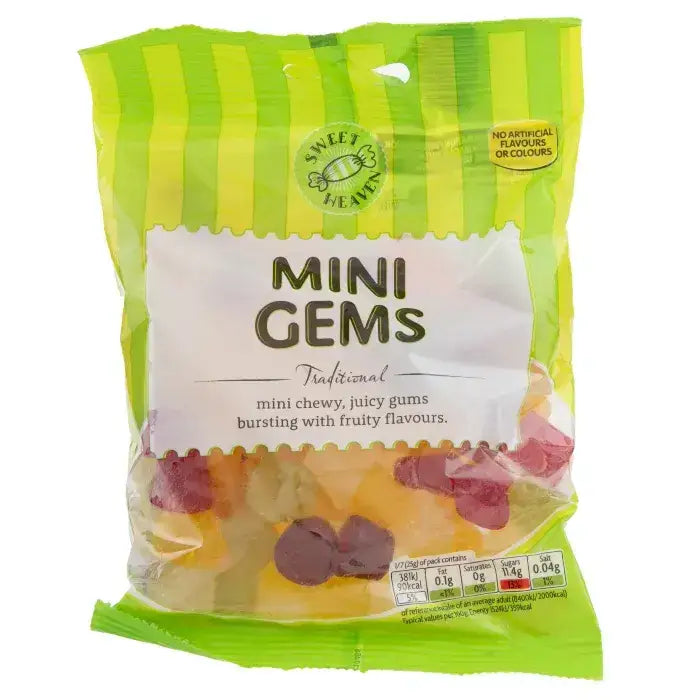 A bright green and white bag of sweet heaven sweets mini gems with colorful fruity chewy gummy candies inside