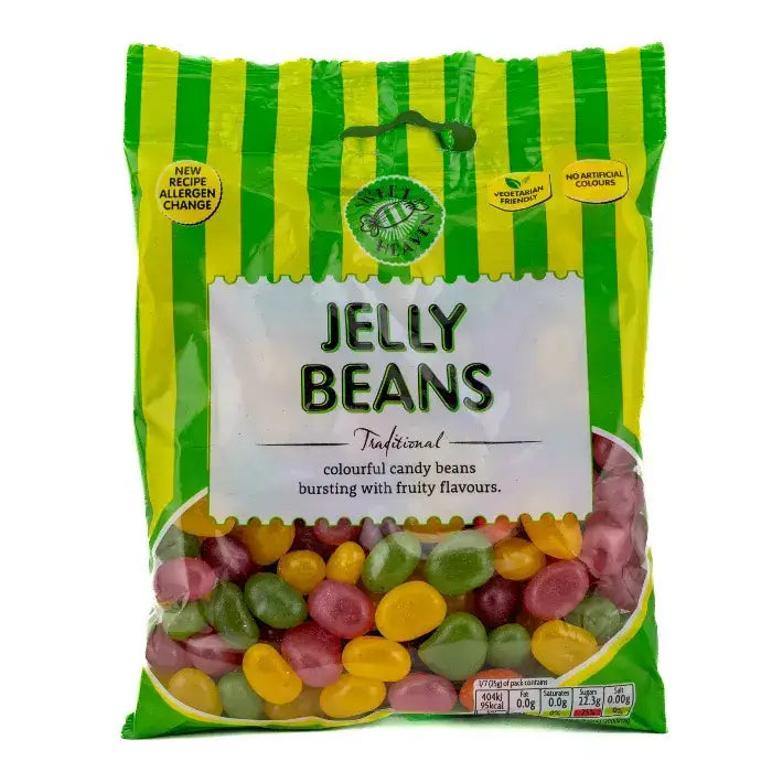 A vibrant green and yellow striped bag of sweet heaven sweets jelly beans bursting with colorful fruity flavors