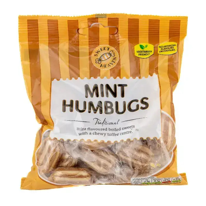 A bag of sweet heaven sweets mint humbugs with orange and brown stripes and clear windows showing mint sweets inside