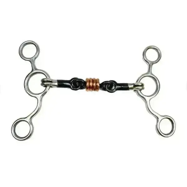 Silver sweet iron tom thumb horse bit with copper roller coil and blackened links for usa gag use