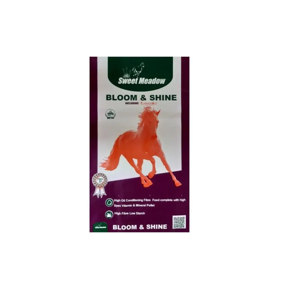 Sweet meadow bloom shine turmeraid 15kg horse feed with live yeast in deep purple package featuring orange horse silhouette