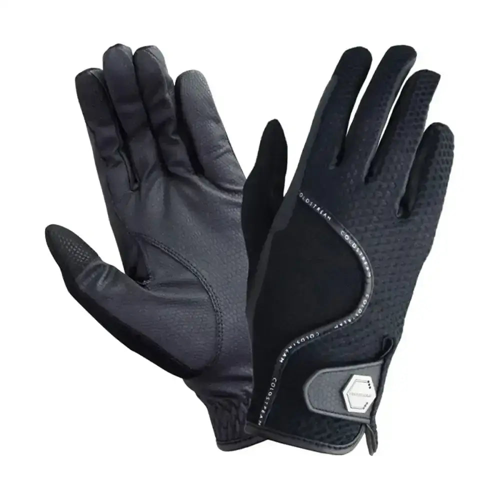 Black swinton combi mesh childs summer riding gloves showing back with textured grip panels and hexagonal wrist patch