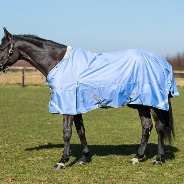 Light blue swish 100g detachable neck turnout rug with 1200d outer reflective strips and liner attachments
