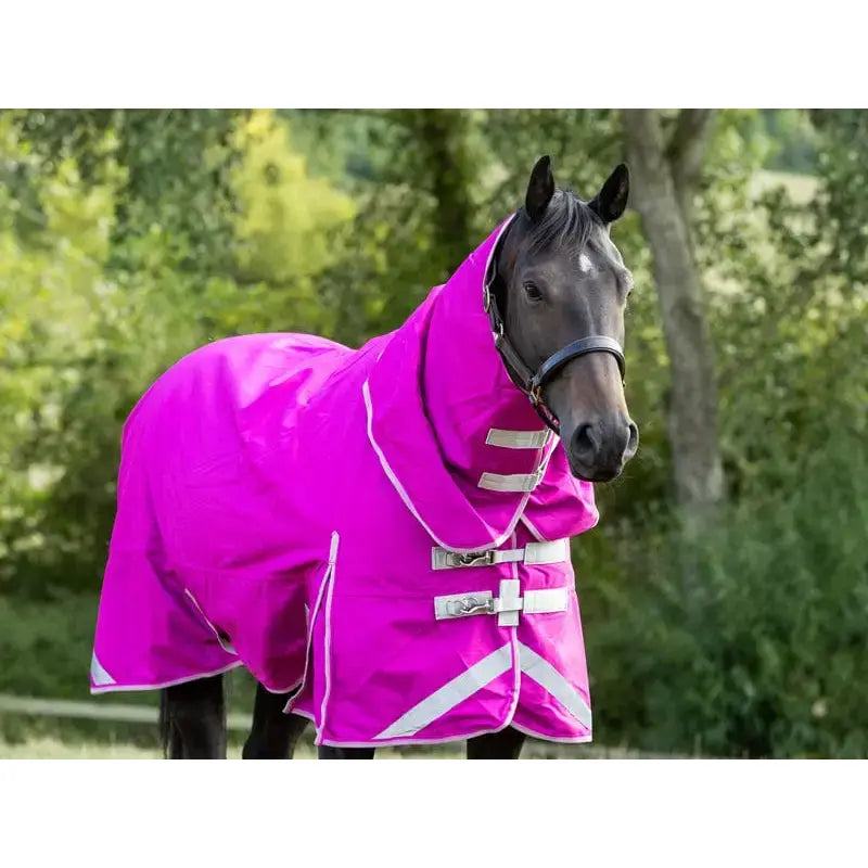 Bright fuchsia swish 100g detachable neck turnout rug with white reflective stripes silver buckles liner attachments