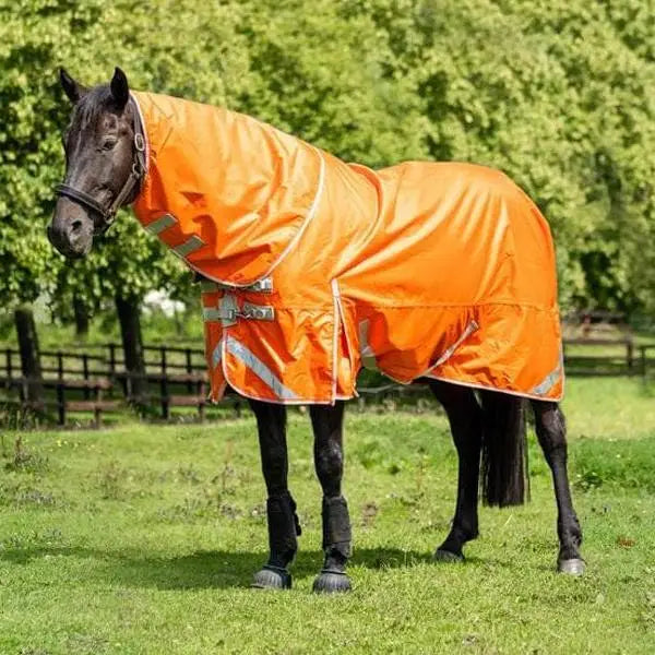 Bright orange swish 100g detachable neck turnout rug with reflective stripes metal buckles and liner attachments