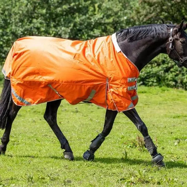 Bright orange detachable neck turnout rug with waterproof material, reflective strips, silver buckles, and liner attachments
