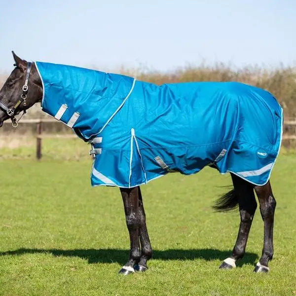 Bright blue swish 100g detachable neck turnout rug with reflective strips and small brand logo on the side