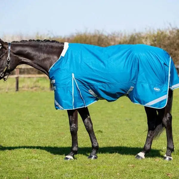 Bright blue swish 100g detachable neck turnout rug with white trim and reflective strips for equestrian use