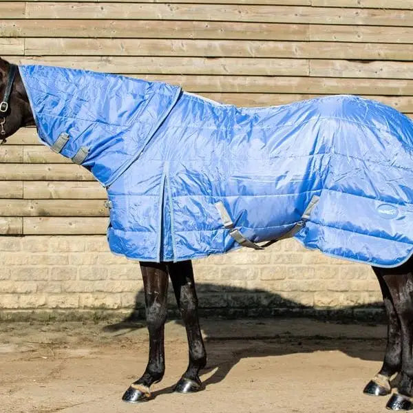 Blue quilted swish 100g stable rug with detachable neck cornflower and soft nylon lining with gray straps