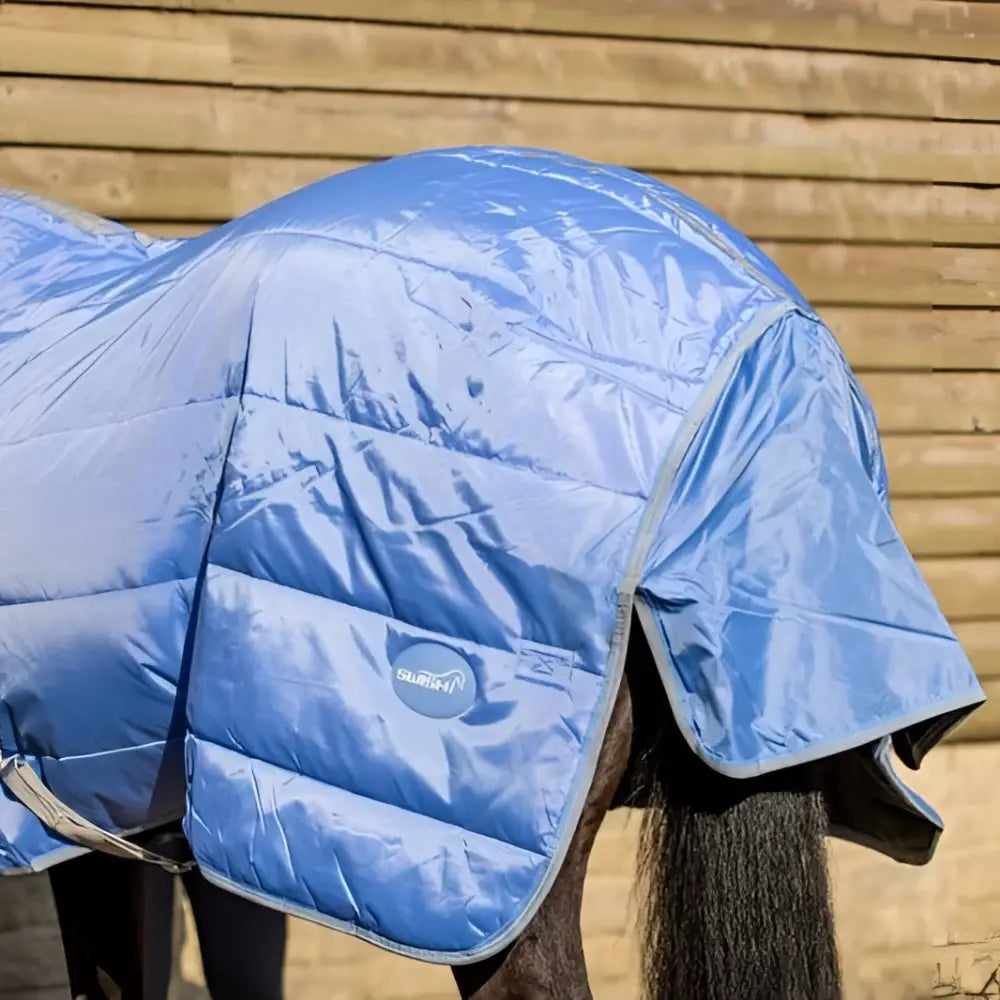 Blue quilted lightweight stable rug with detachable neck cornflower color soft nylon lining and sudan logo