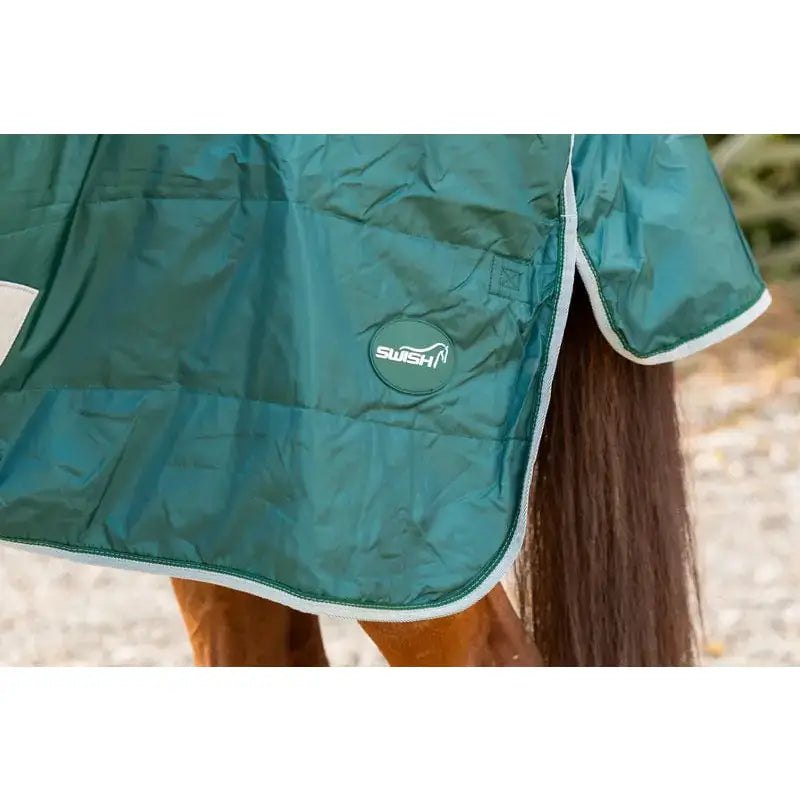Teal quilted lightweight stable rug with soft nylon lining white trim and swish logo patch detachable neck hunter