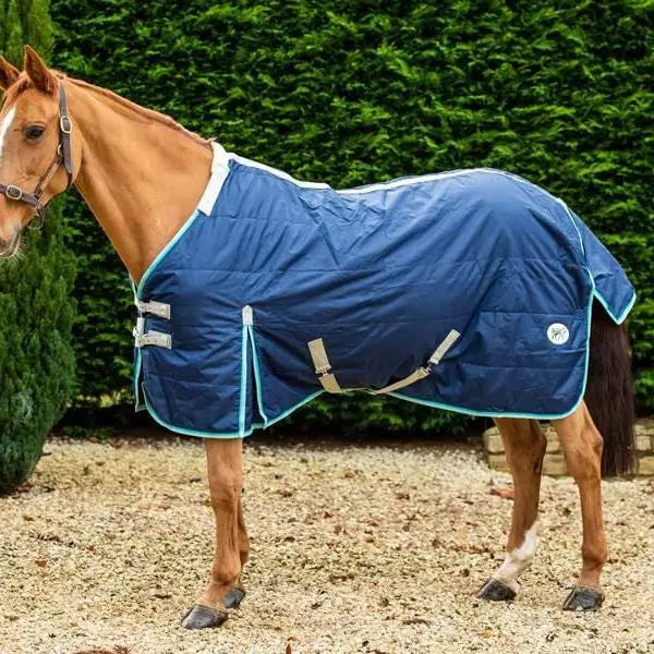 Navy blue quilted lightweight stable rug with detachable neck navy and light teal trim with adjustable straps and storage bag