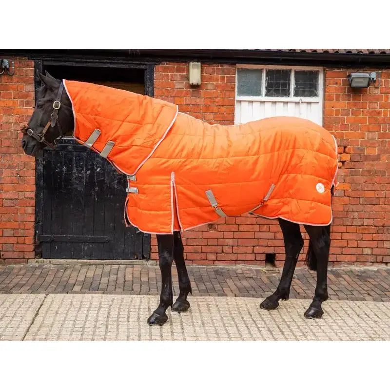 Bright orange swish 100g stable rug with detachable neck soft nylon lining and gray straps for easy use