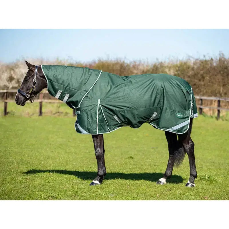 Dark green swish 200g detachable neck turnout rug with light gray reflective strips and subtle side logo