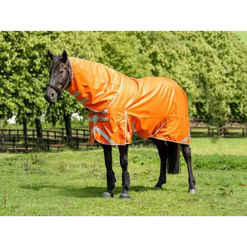 Bright orange 200g detachable neck turnout rug with reflective stripes perfect for wet weather use