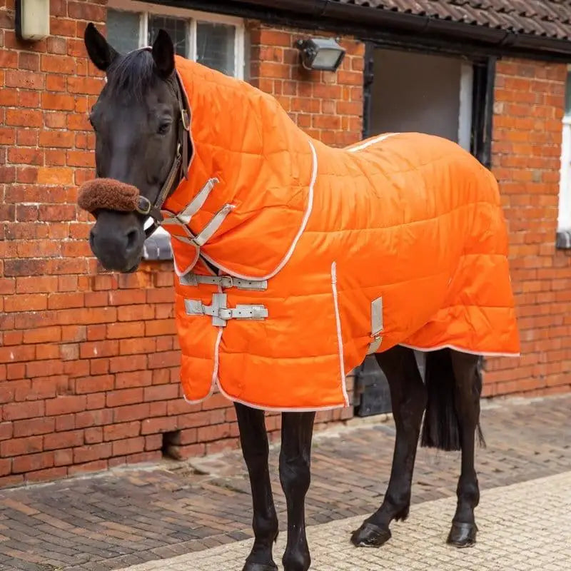 Bright orange swish 200g medium weight stable rug with detachable neck and silver buckles and trim