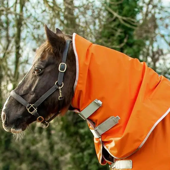 Bright orange 200g turnout rug neck cover with silver trim and adjustable straps for added comfort and fit