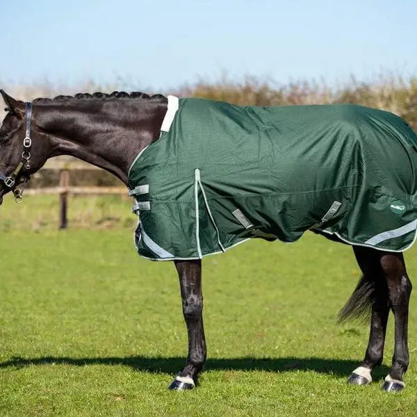 Hunter green swish 300g detachable neck turnout rug with reflective strips white trim and waterproof material