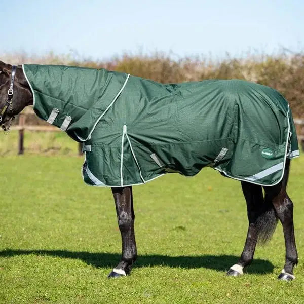 Dark green swish 300g detachable neck turnout rug with reflective strips and light gray trim fits snug on horse body