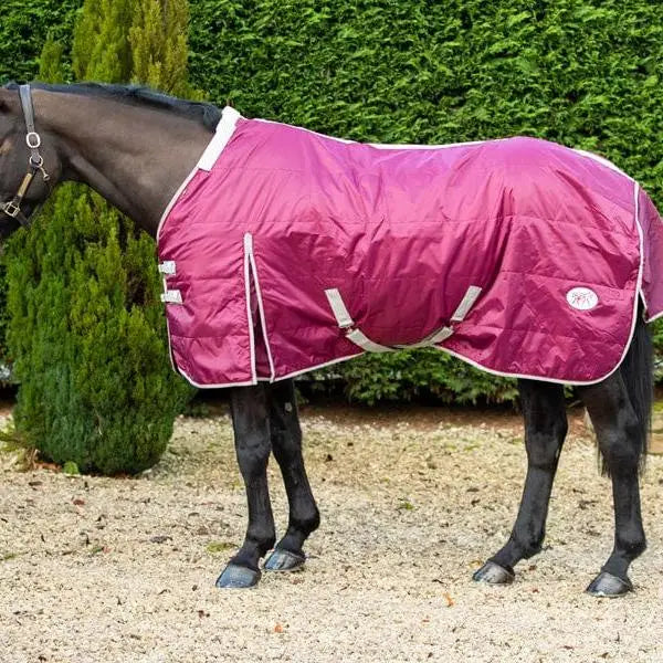 A magenta swish 360g heavy weight stable rug with detachable neck cover and reflective straps in burgundy
