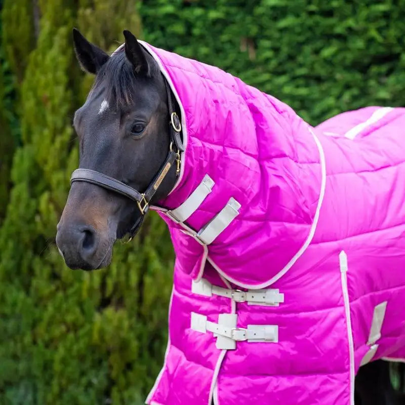 Vibrant pink mulberry swish 450g stable rug with white trim heavy weight detachable neck stable rug with buckles